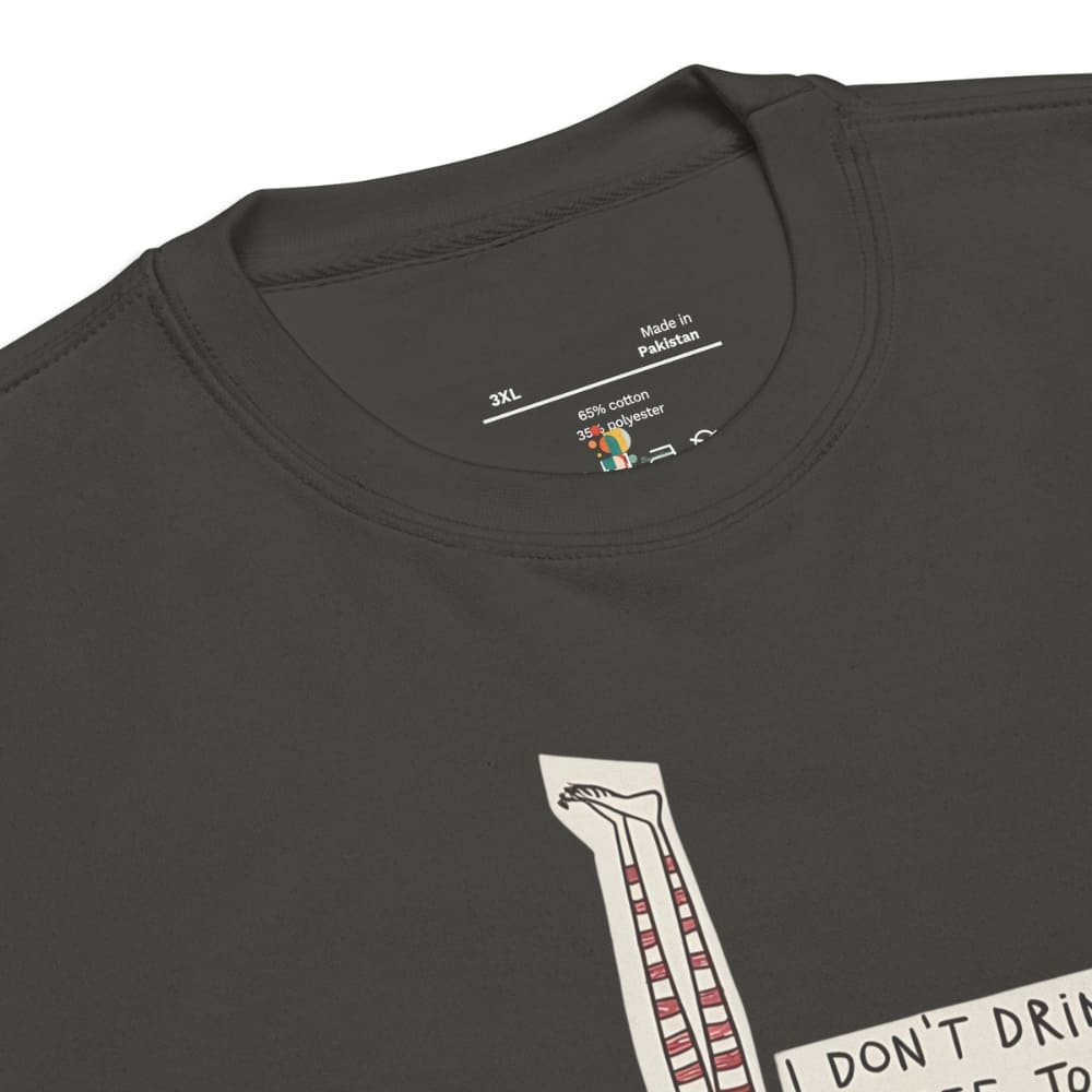 Black t-shirt with a graphic design on the chest area, featuring text and a stylized illustration.