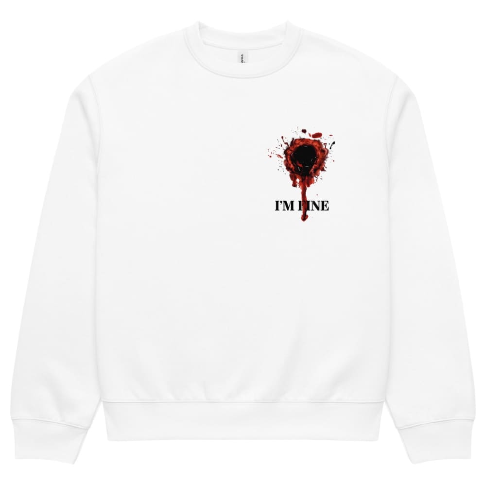 White sweatshirt with a red and black design and 'I'm Fine' text on a white background