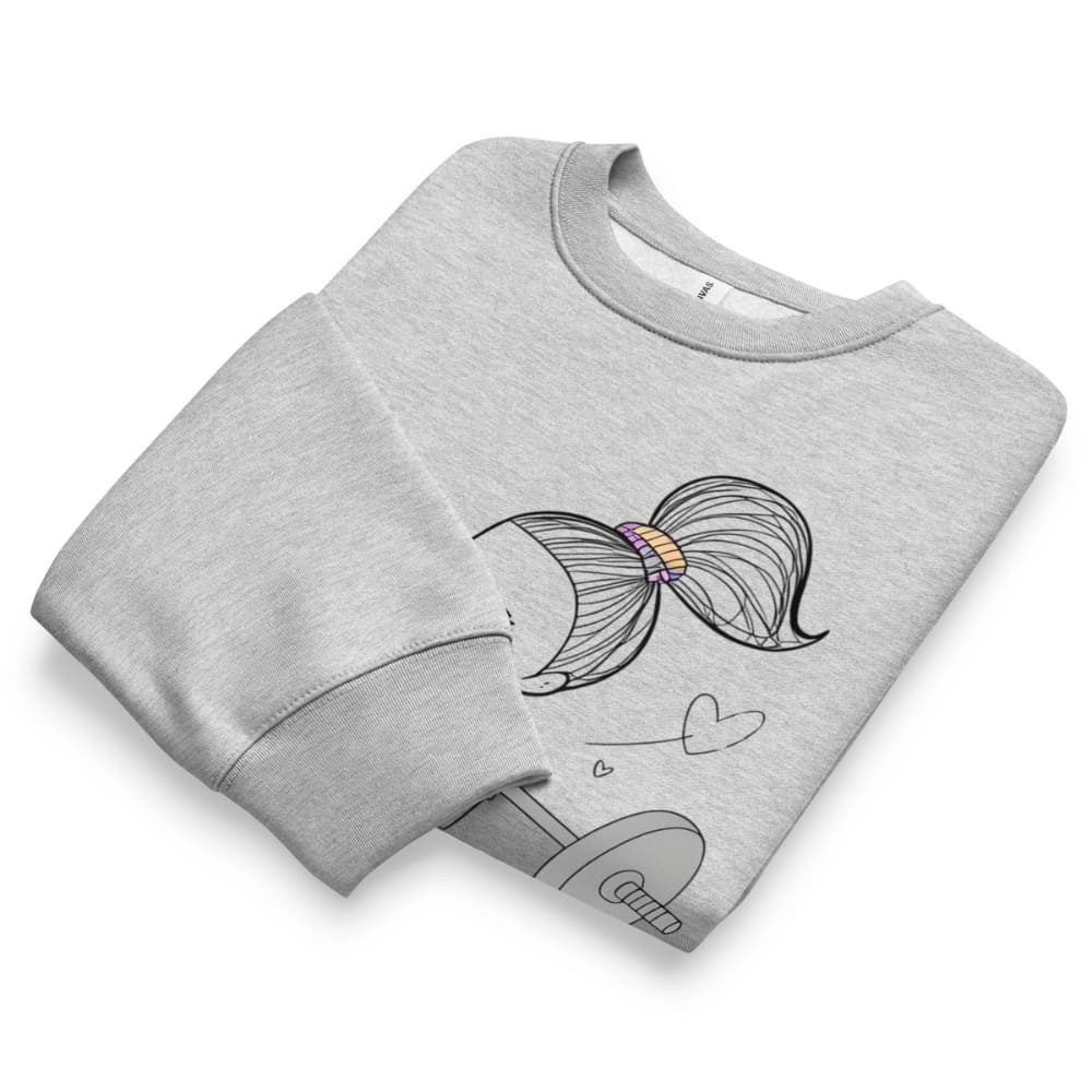 Folded gray sweatshirt with a colorful bow design on a white background