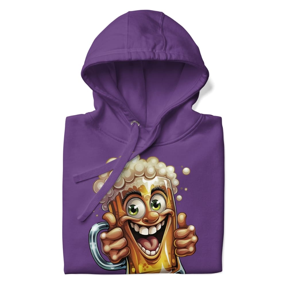 Purple hoodie with a cartoon beer mug design on a white background