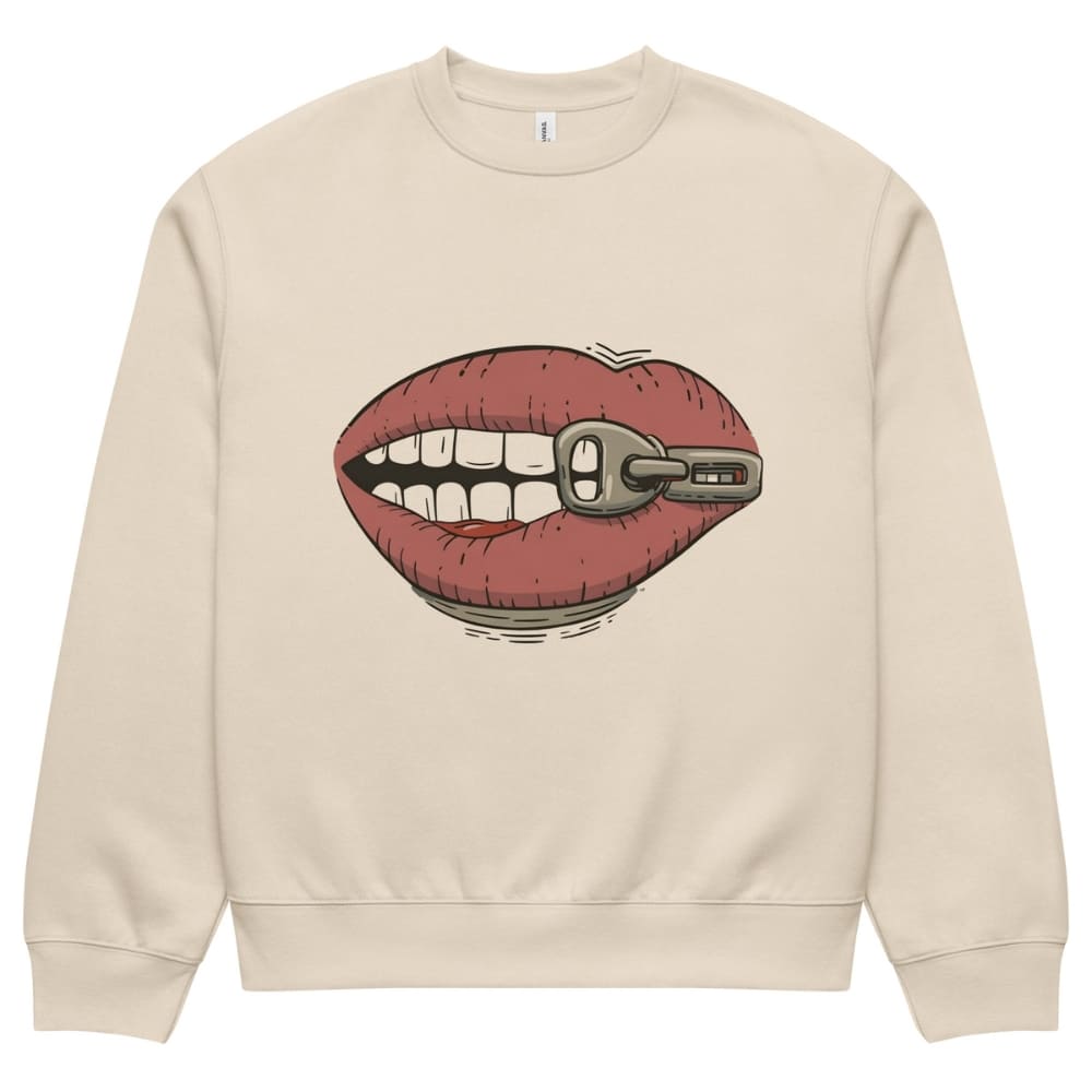 Beige sweatshirt with a graphic of lips with a keyhole design on a white background