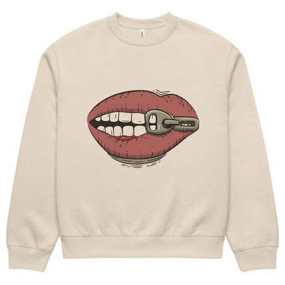 Beige sweatshirt with a graphic of lips with a keyhole design on a white background