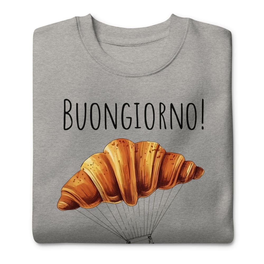 Gray t-shirt with a croissant graphic and 'BUONGIORNO!' text on a white background