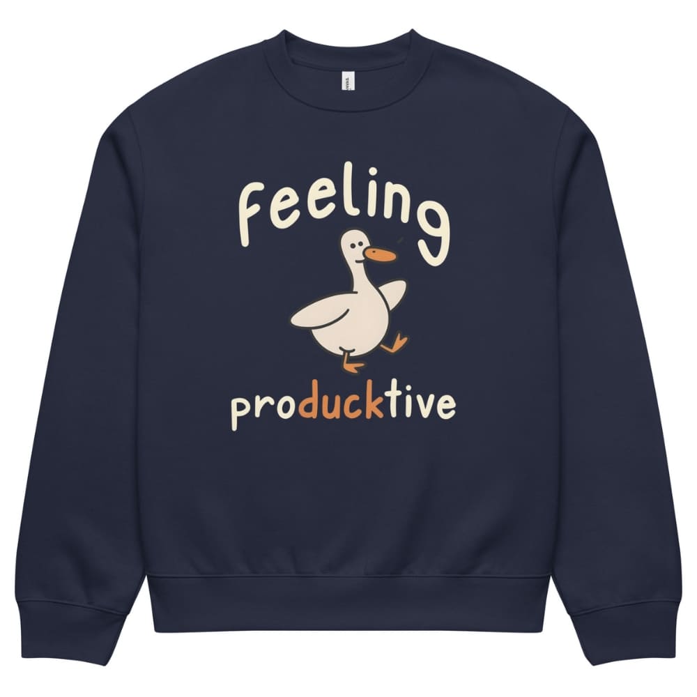 Navy blue sweatshirt with a cartoon duck and text 'Feeling producktive' on a white background