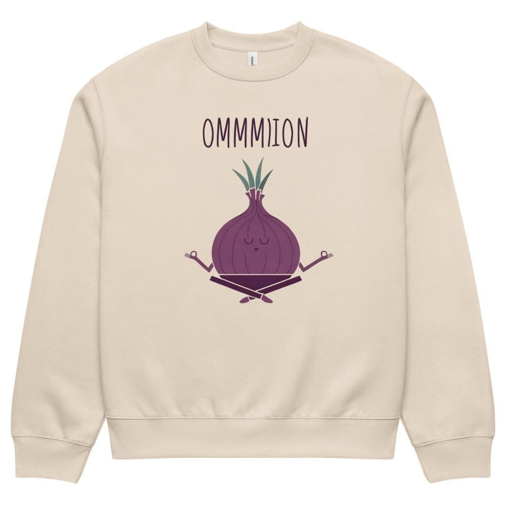 Beige sweatshirt with a purple onion graphic and 'OMMMION' text on a white background