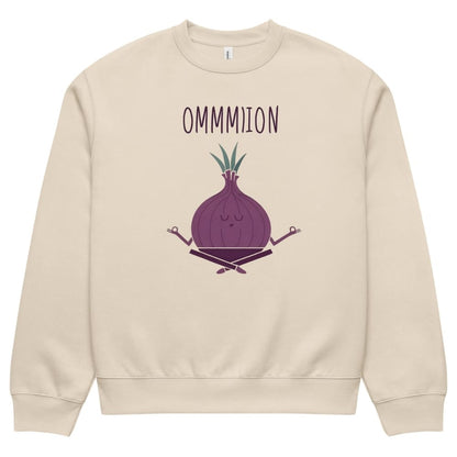 Beige sweatshirt with a purple onion graphic and 'OMMMION' text on a white background