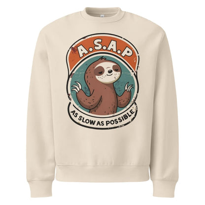 Beige sweatshirt with a sloth graphic and 'A.S.A.P. As Slow as Possible' text on a white background