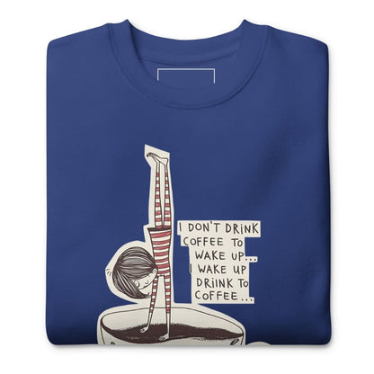Blue sweatshirt with a coffee-themed graphic and text on a white background