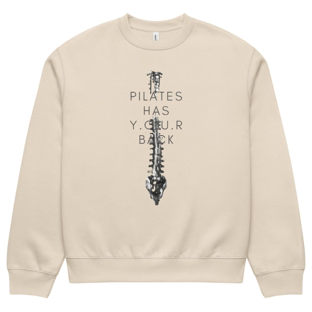 Beige sweatshirt with a spine graphic and text on a white background