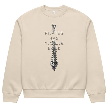 Beige sweatshirt with a spine graphic and text on a white background