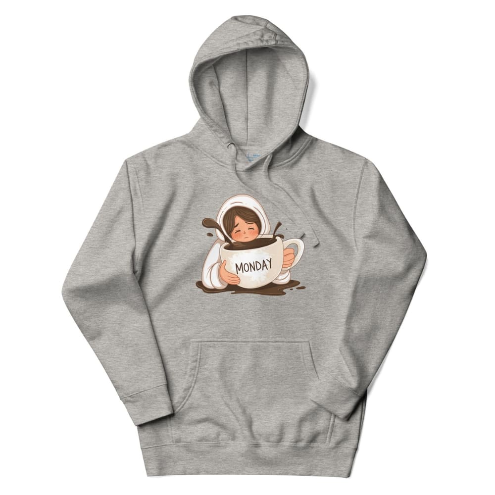 Gray hoodie with a graphic of a person holding a mug labeled 'Monday' on a white background