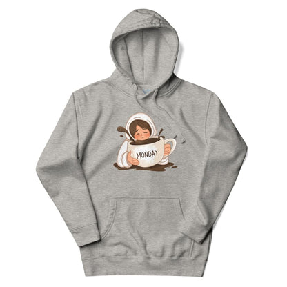 Gray hoodie with a graphic of a person holding a mug labeled 'Monday' on a white background