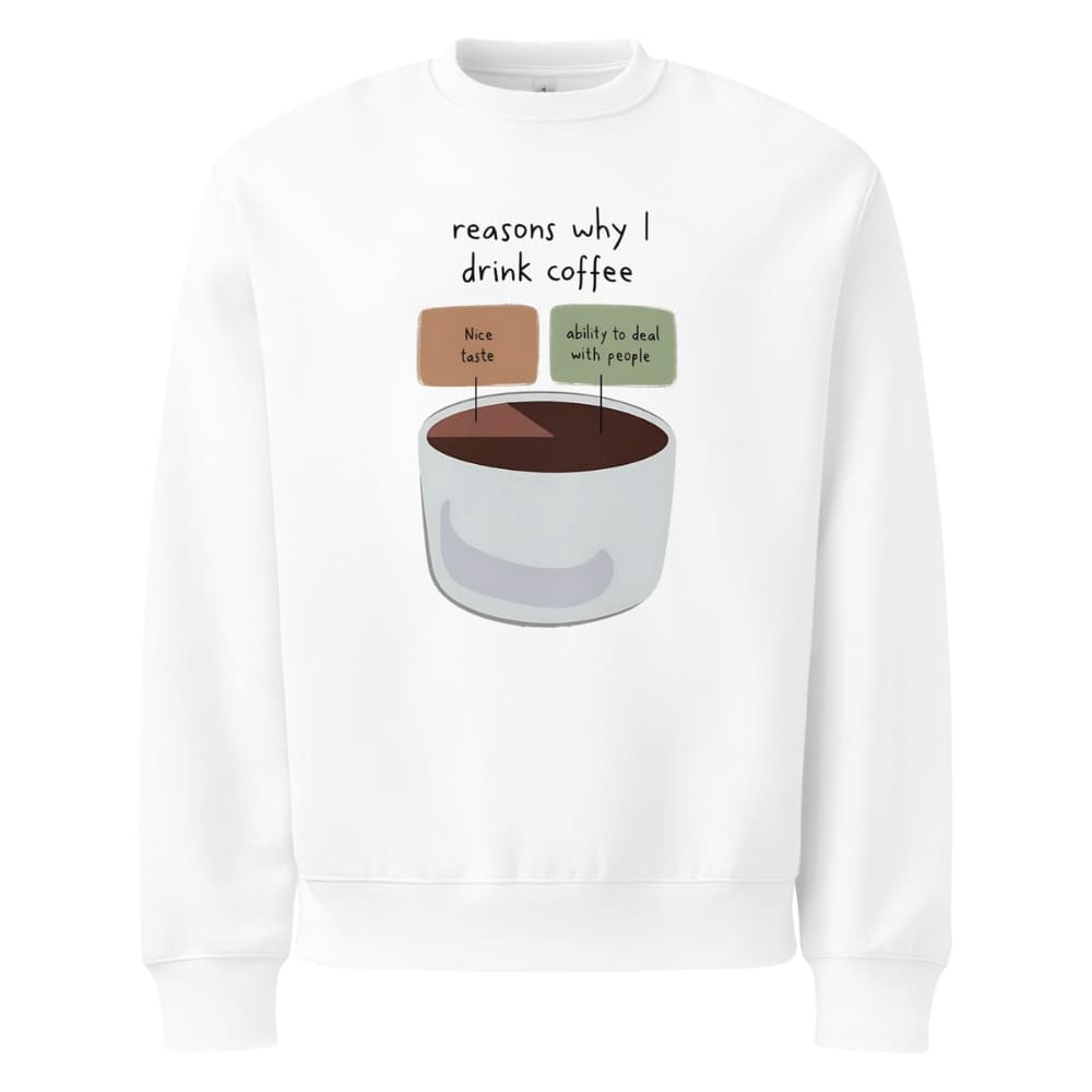 White sweatshirt with a graphic of a coffee cup and text 'reasons why I drink coffee' on a white background
