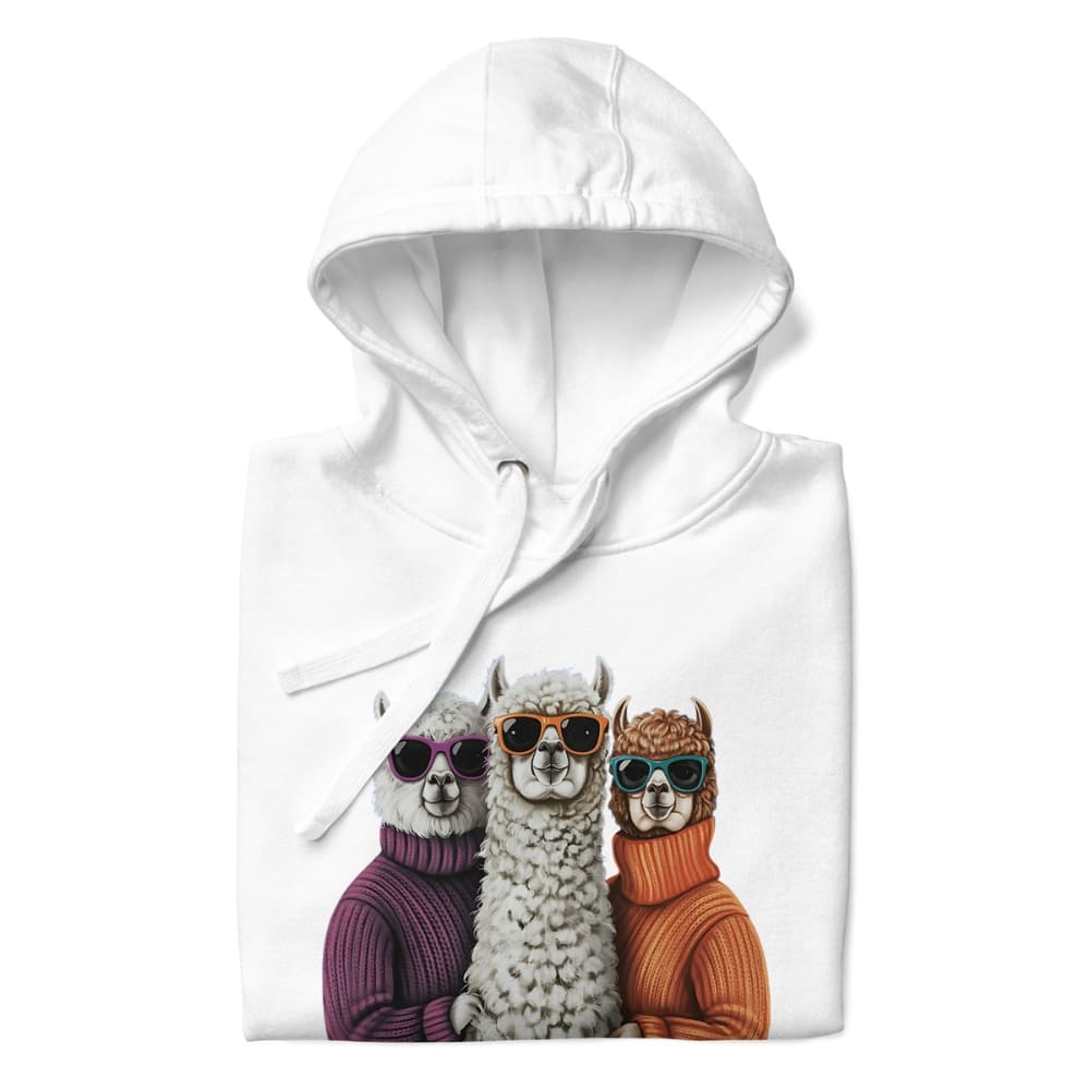 White hoodie with a graphic of three llamas wearing sunglasses and sweaters on a white background