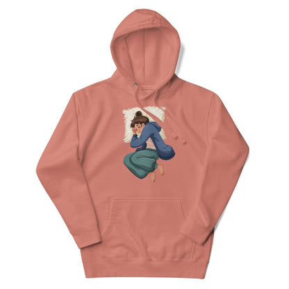 Pink hoodie with a graphic of a person sitting on a pillow on a white background