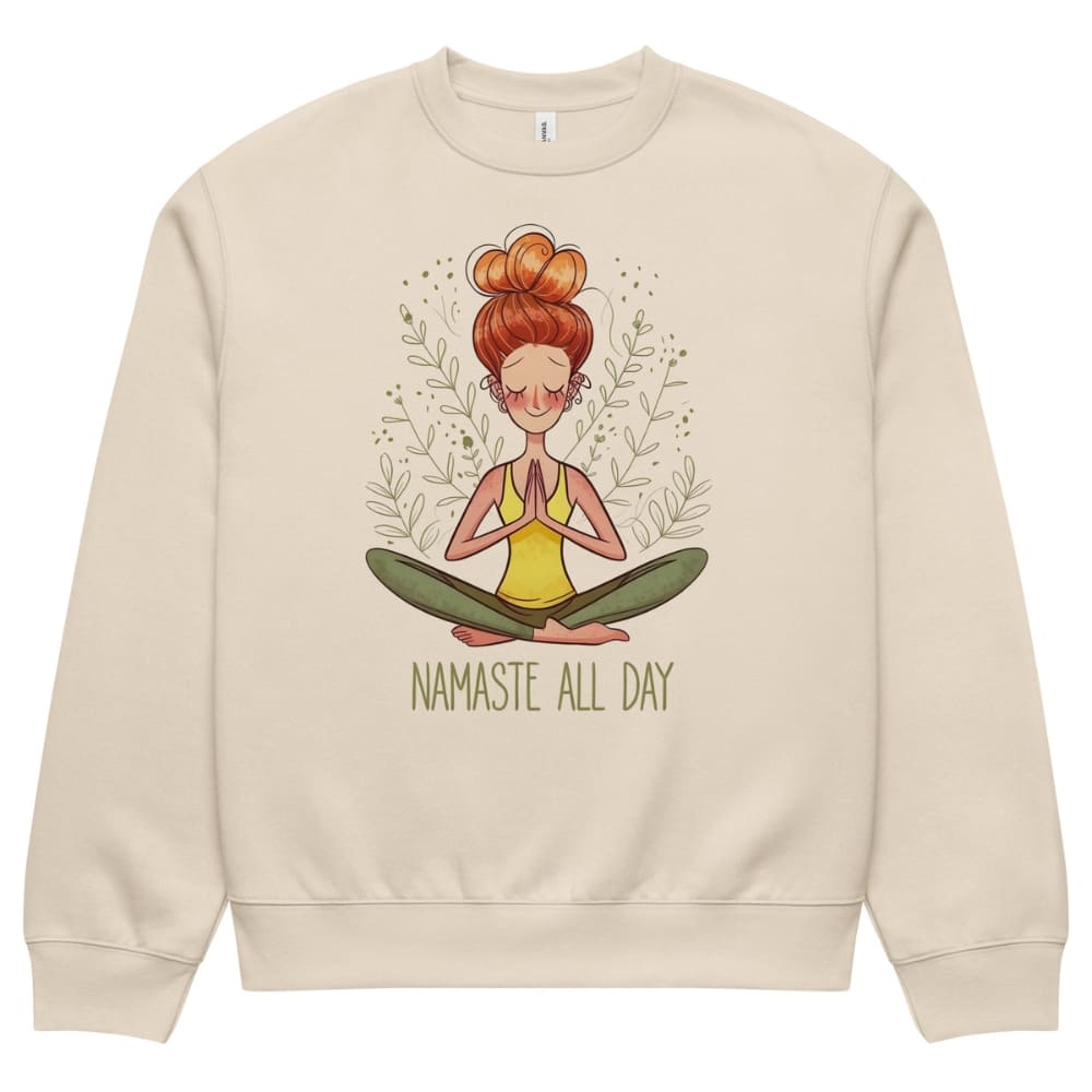 Beige sweatshirt with a yoga-themed design and 'Namaste All Day' text on a white background