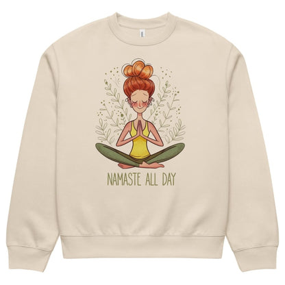 Beige sweatshirt with a yoga-themed design and 'Namaste All Day' text on a white background