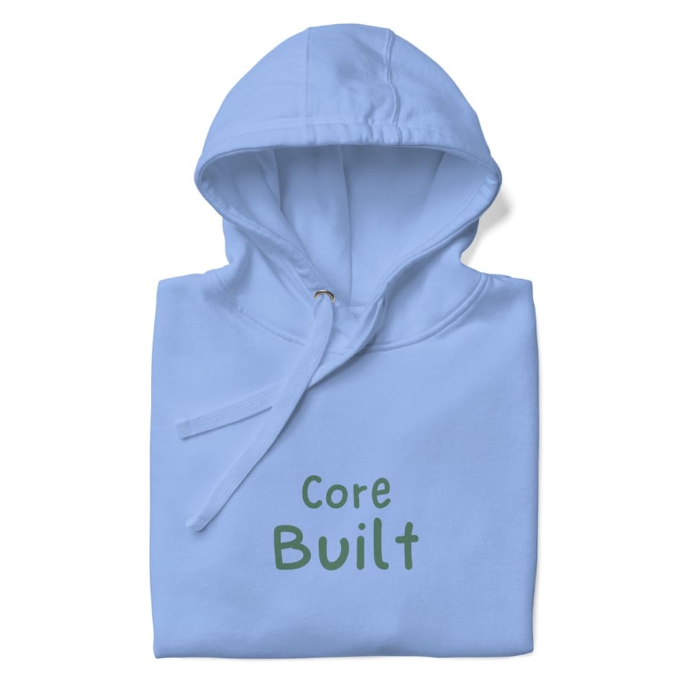 Light blue hoodie with 'Core Built' text on a white background