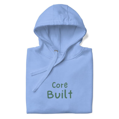 Light blue hoodie with 'Core Built' text on a white background