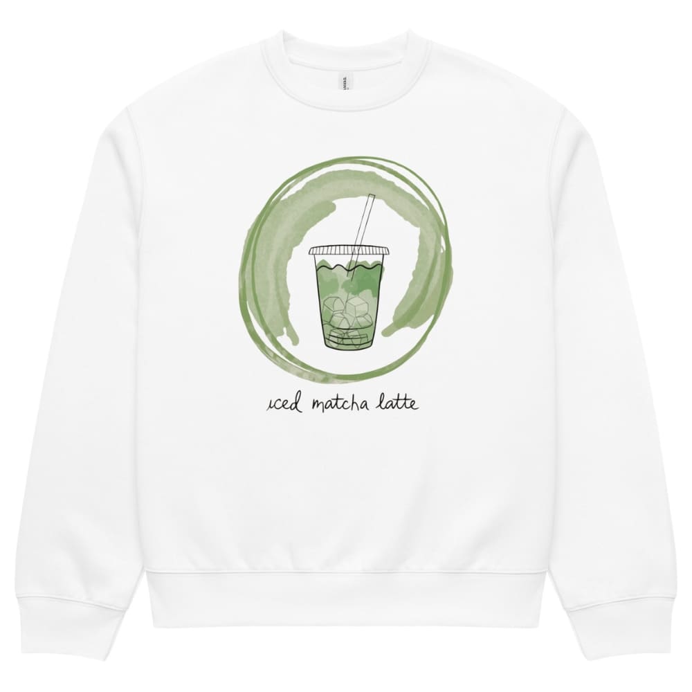 White sweatshirt with a green graphic of an iced matcha latte and text on a white background