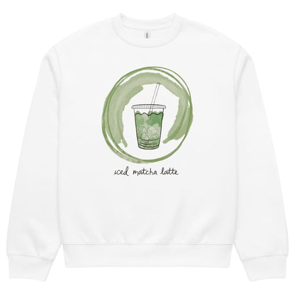 White sweatshirt with a green graphic of an iced matcha latte and text on a white background