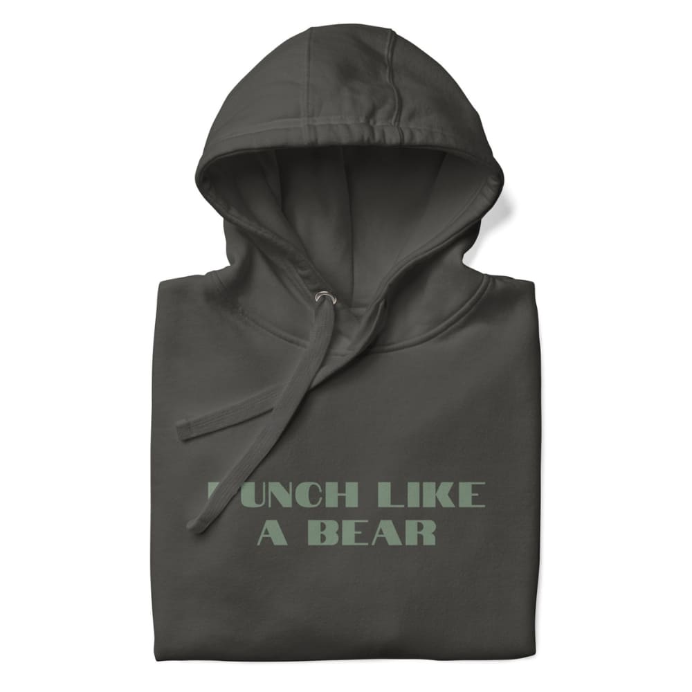 Dark gray hoodie with 'Punch Like a Bear' text on a white background