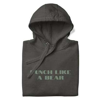 Dark gray hoodie with 'Punch Like a Bear' text on a white background