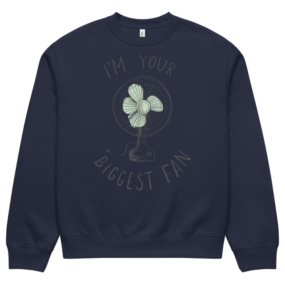 Navy blue sweatshirt with a graphic of a fan and text on a white background