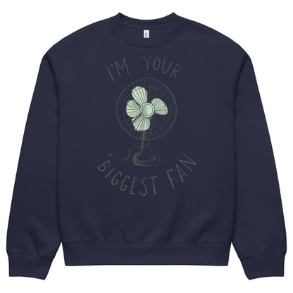 Navy blue sweatshirt with a graphic of a fan and text on a white background