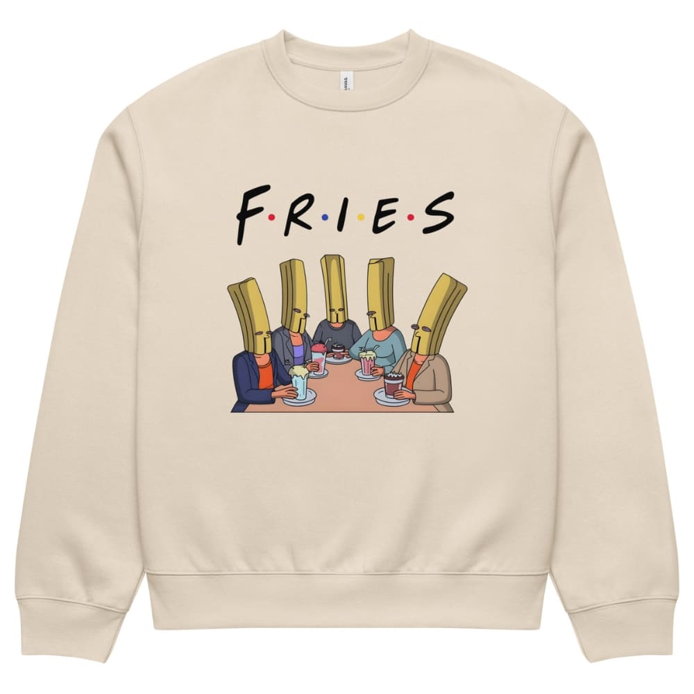 Beige sweatshirt with 'FRIES' graphic design on a white background