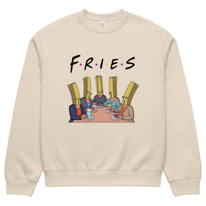 Beige sweatshirt with 'FRIES' graphic design on a white background