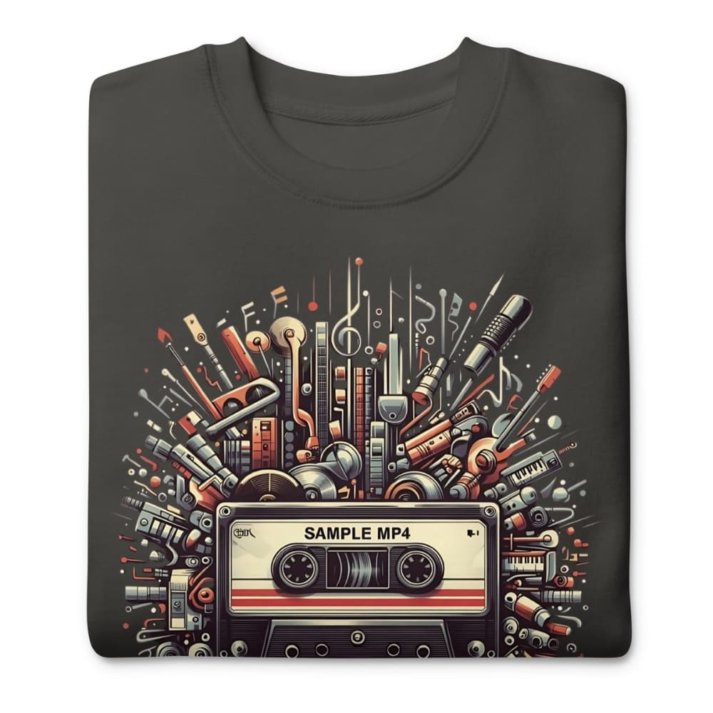 Vintage Black sweatshirt with a colorful graphic design of musical instruments and a cassette tape labeled 'SAMPLE MP4' on a white background.