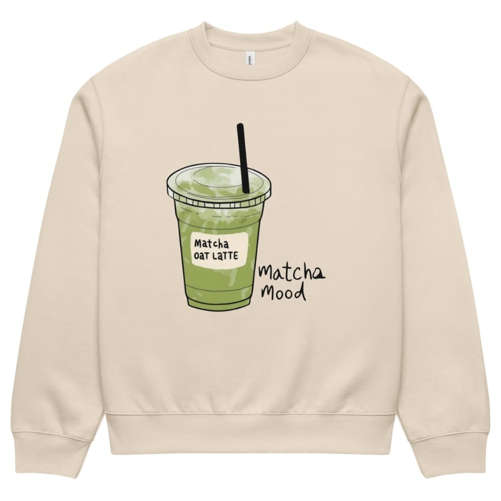 Beige sweatshirt with a graphic of a matcha oat latte and 'matcha mood' text on a white background