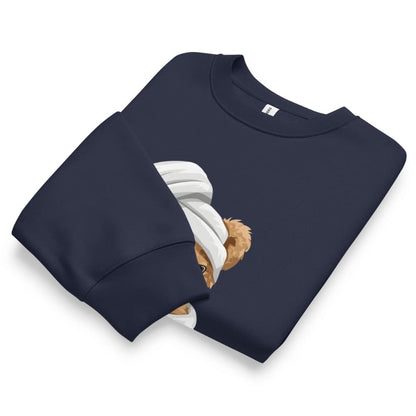 Navy blue sweatshirt with a teddy bear design on a white background