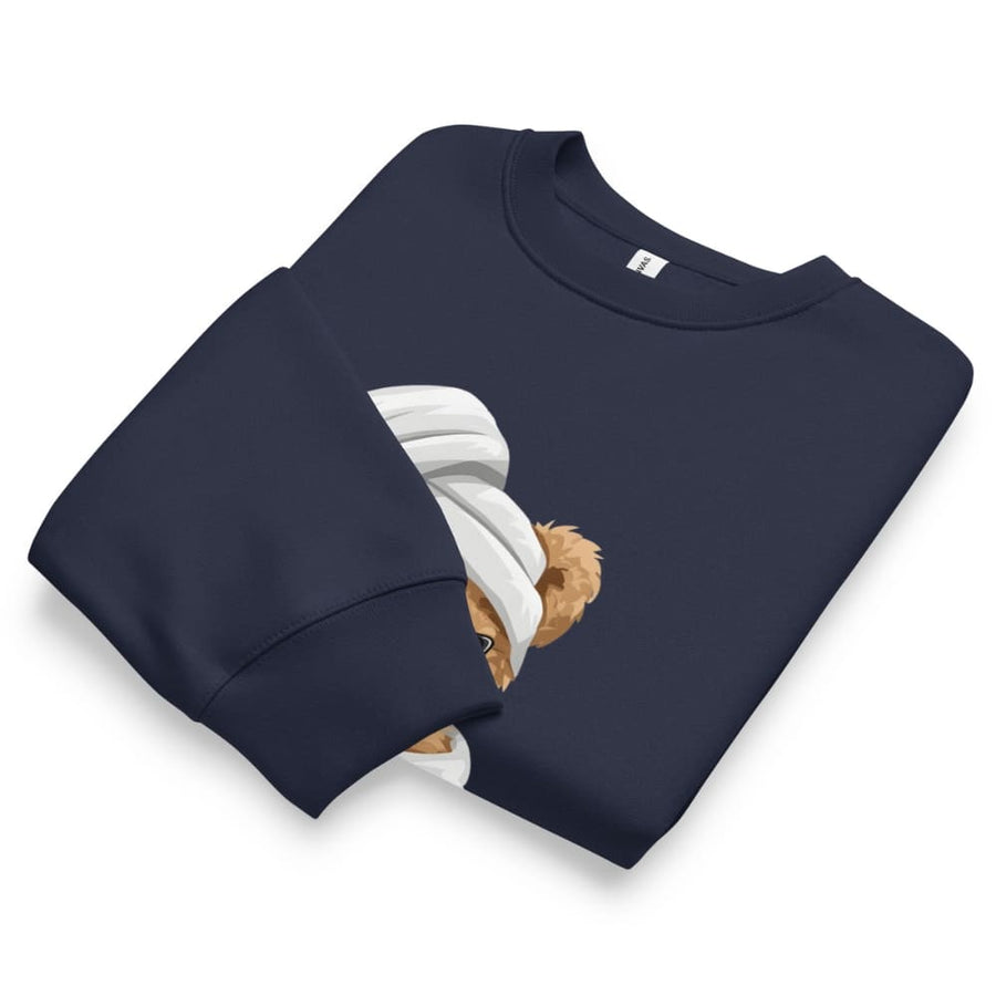 Navy blue sweatshirt with a teddy bear design on a white background