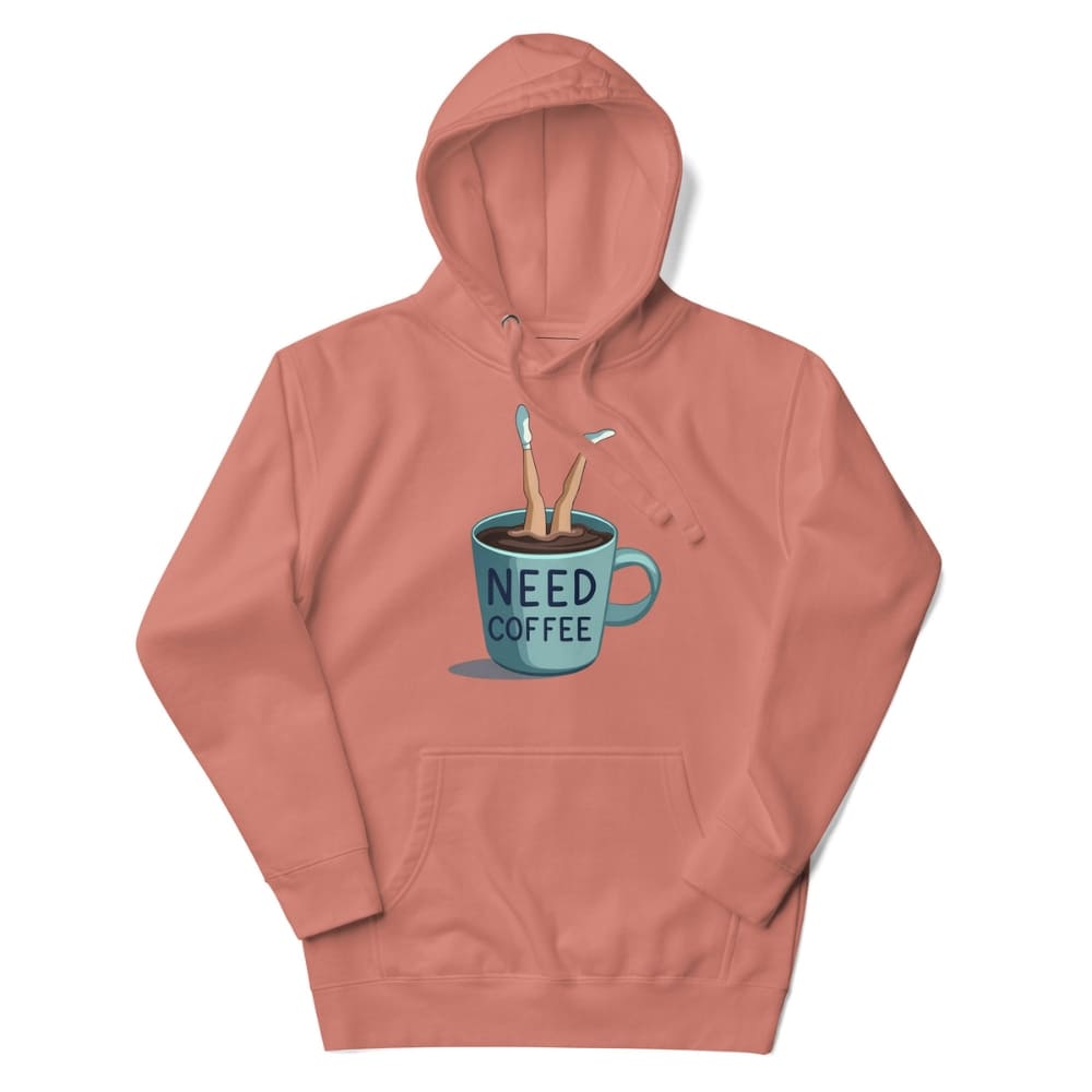 Coral hoodie with a graphic of a coffee cup and 'NEED COFFEE' text on a white background
