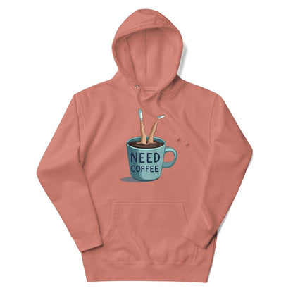 Coral hoodie with a graphic of a coffee cup and 'NEED COFFEE' text on a white background