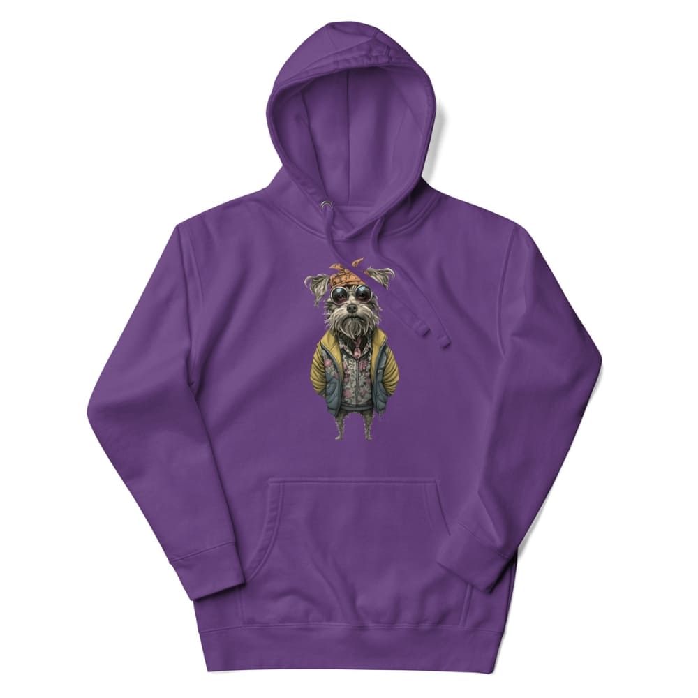Purple hoodie with a dog graphic on a white background