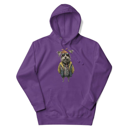 Purple hoodie with a dog graphic on a white background