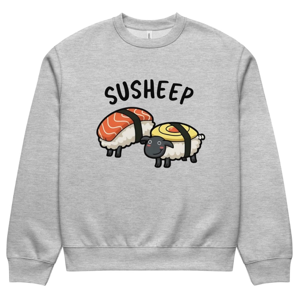 Gray sweatshirt with 'SUSHEEP' text and sheep sushi design on a white background