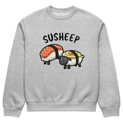 Gray sweatshirt with 'SUSHEEP' text and sheep sushi design on a white background