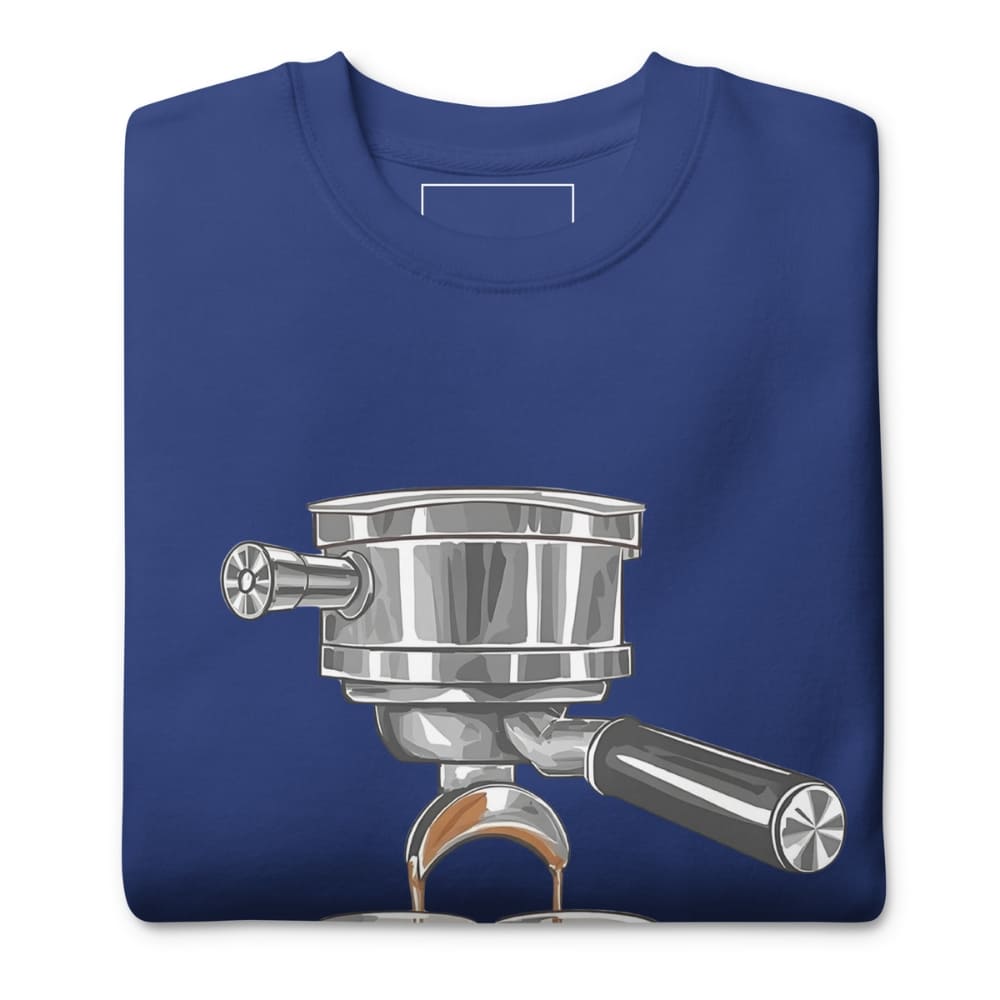 Blue t-shirt with a silver espresso machine graphic on a white background