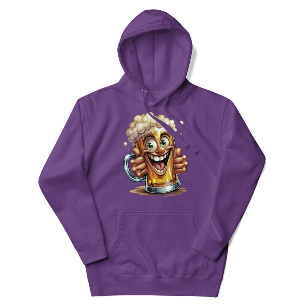 Purple hoodie with a cartoon character holding a mug of beer on a white background