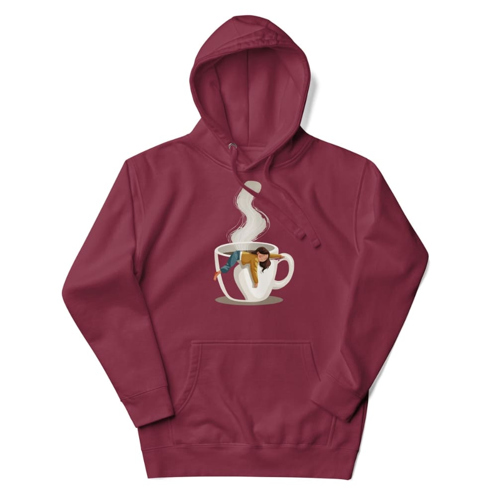 Maroon hoodie with a graphic of a coffee cup and coffee beans on a white background