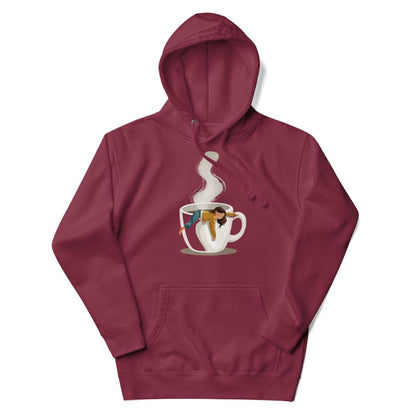 Maroon hoodie with a graphic of a coffee cup and coffee beans on a white background