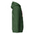 Green hoodie with colorful design on sleeve against a white background