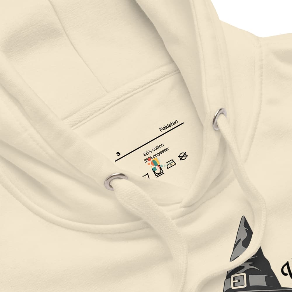 Close-up of a beige hoodie with a brand logo on a white background