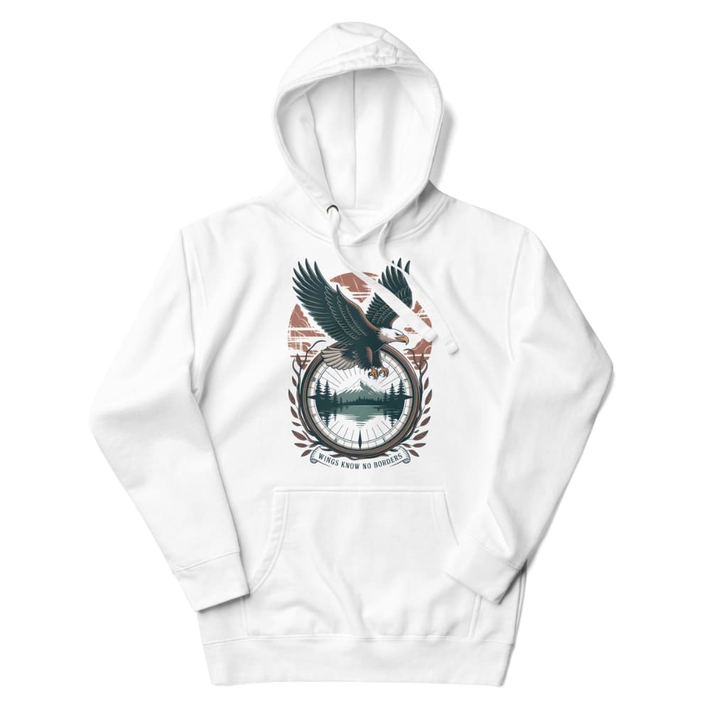 White hoodie with an eagle and mountain design on a white background