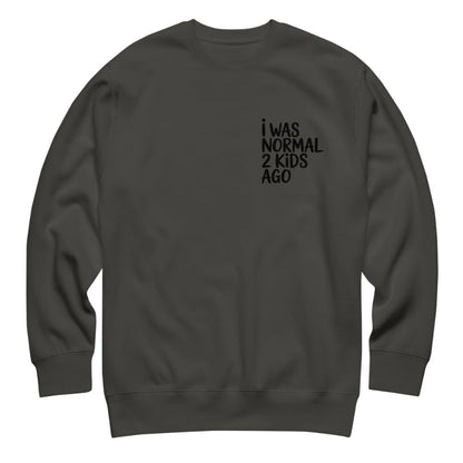 Dark gray sweatshirt with text 'I WAS NORMAL 2 KIDS AGO' on a white background