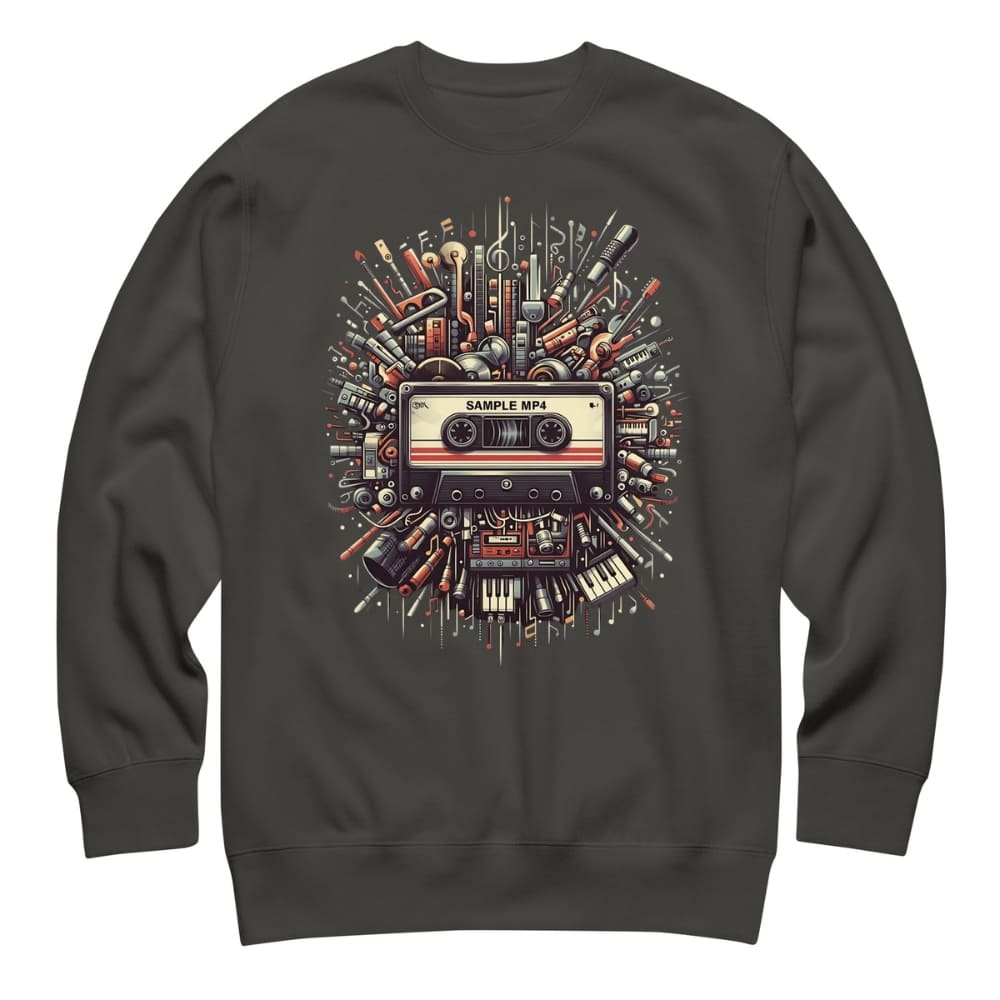 Vintage Black sweatshirt with a colorful graphic design of a cassette tape and music equipment on a white background